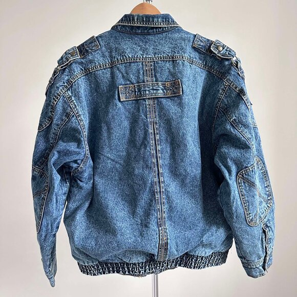 EUC Vintage Stallone Denim Bomber Jacket with Fur Lining, Size L - Picture 2 of 4